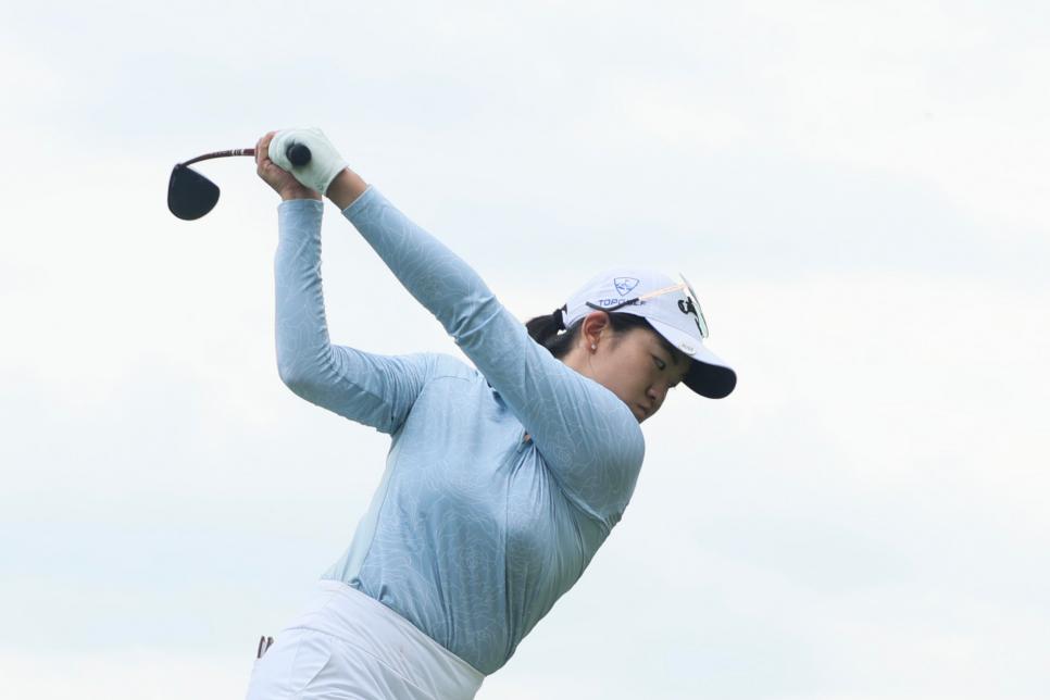 SPRINGFIELD, NEW JERSEY - JUNE 25: Rose Zhang of the United States hits a tee shot on the 15th hole during the final round of the KPMG Women's PGA Championship at Baltusrol Golf Club on June 25, 2023 in Springfield, New Jersey. (Photo by Andy Lyons/Getty Images)