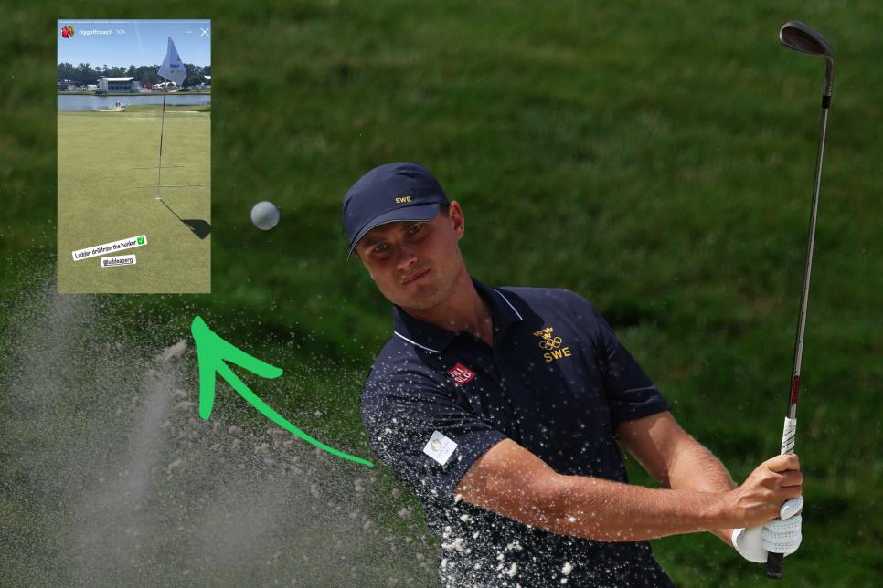 Sweden's Ludvig Aberg takes a shot out of a bunker in round 4 of the men’s golf individual stroke play of the Paris 2024 Olympic Games at Le Golf National in Guyancourt, south-west of Paris on August 4, 2024. (Photo by Emmanuel DUNAND / AFP)