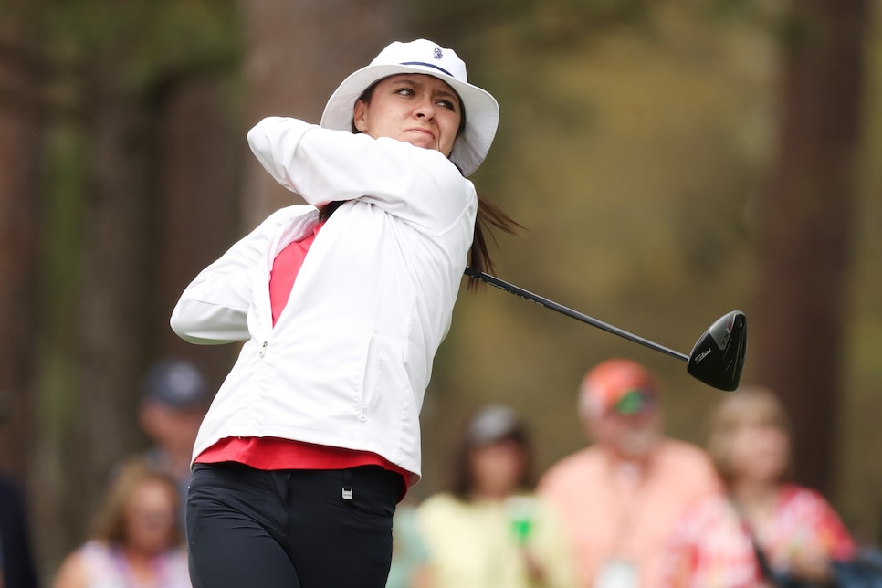 AUGUSTA, GEORGIA - APRIL 02: Anna Davis of the United States plays her shot from the 17th tee during the final round of the Augusta National Women's Amateur at Augusta National Golf Club on April 02, 2022 in Augusta, Georgia. (Photo by Gregory Shamus/Getty Images)