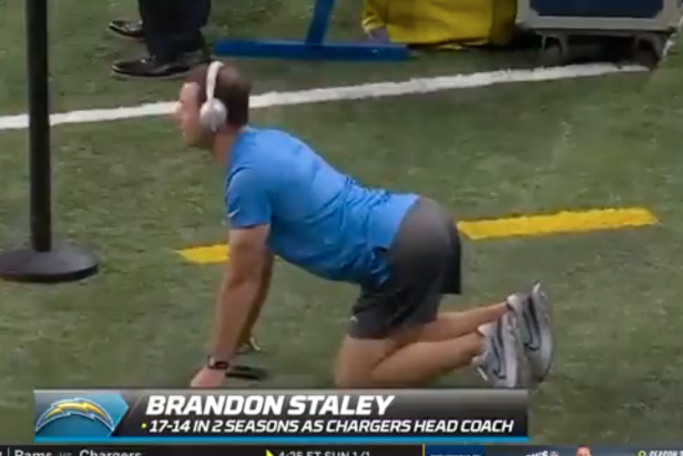 Chargers head coach Brandon Staley goes viral for his, um, unique  stretching routine on Monday Night Football | This is the Loop |  