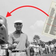 (Original Caption) Ben Hogan Rates Big Drive As Most Important Golf Shot. Whitemarsh Valley Country Club, Pennsylvania: Ben Hogan, who believes that a long drive is golf's most important shot, holds his driver to emphasize the point during an August 2nd tune-up for the Philadelphia Golf Classic here. The former U.S. Open and PGA champion turns 53 the week of August 8th.