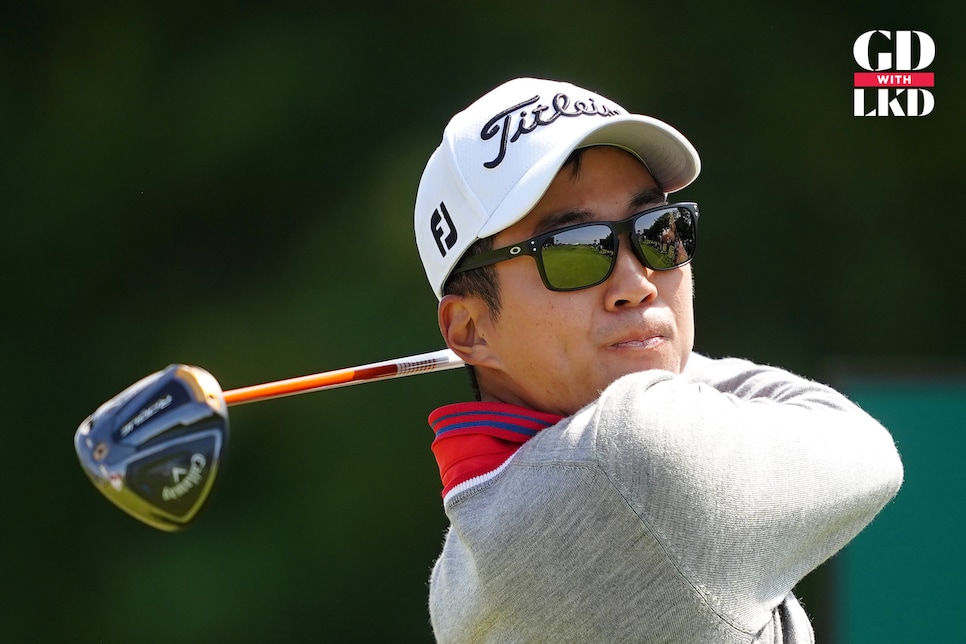 USA's Michael Kim tees off the 5th during day one of The Open at the Royal Liverpool, Wirral. Picture date: Thursday July 20, 2023. (Photo by Peter Byrne/PA Images via Getty Images)