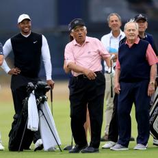 ST ANDREWS, SCOTLAND - JULY 11: Lee Trevino of The United States plays a chip shot watched bt Rory McIlroy, Tiger Woods and Jack Nicklaus during the Celebration of Champions prior to The 150th Open at St Andrews Old Course on July 11, 2022 in St Andrews, Scotland. (Photo by David Cannon/Getty Images)