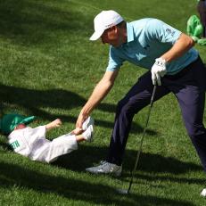 AUGUSTA, GEORGIA - APRIL 05: Jordan Spieth of the United States plays with his son, Sammy Spieth, during the Par 3 contest prior to the 2023 Masters Tournament at Augusta National Golf Club on April 05, 2023 in Augusta, Georgia. (Photo by Patrick Smith/Getty Images)