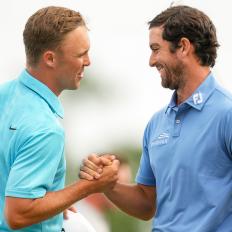 NEW ORLEANS, LA - APRIL 23: Nick Hardy and Davis Riley of the United States congratulate one another after their turn on the 18th green during the Final Round of the Zurich Classic of New Orleans at TPC Louisiana on April 23, 2023 in New Orleans, Louisiana. (Photo by Jason Allen/ISI Photos/Getty Images).