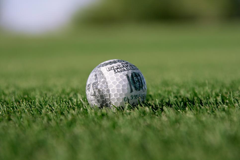 a golf ball made of money sitting on nice green grass.  great business picture