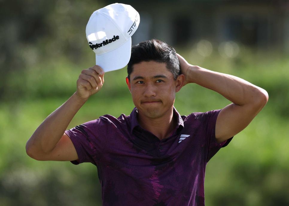 LAHAINA, HAWAII - JANUARY 07: Collin Morikawa reacts after his birdie on the 18th green during the third round of the Sentry Tournament of Champions at Plantation Course at Kapalua Golf Club on January 07, 2023 in Lahaina, Hawaii. (Photo by Harry How/Getty Images)