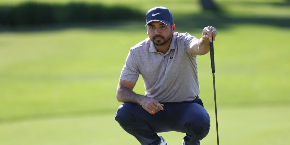 LA QUINTA, CALIFORNIA - JANUARY 21: Jason Day of Australia lines up a putt on the 12th green during the third round of The American Express at PGA West La Quinta Country Club on January 21, 2023 in La Quinta, California. (Photo by Katelyn Mulcahy/Getty Images)