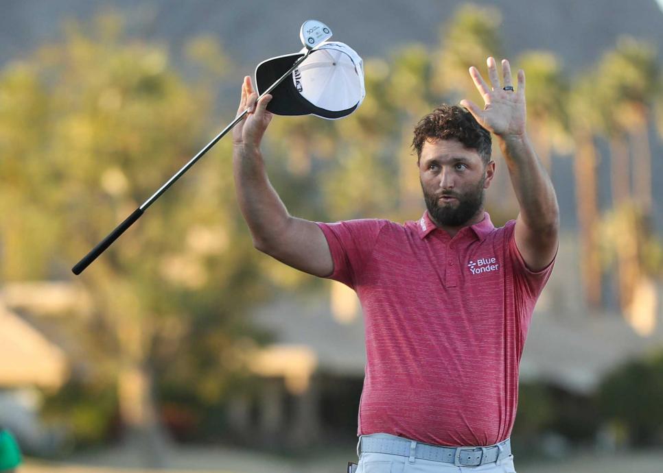 LA QUINTA, CALIFORNIA - JANUARY 22: Jon Rahm of Spain celebrates winning on the 18th green during the final round of The American Express at PGA West Pete Dye Stadium Course on January 22, 2023 in La Quinta, California. (Photo by Meg Oliphant/Getty Images)