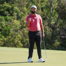 LAHAINA, HAWAII - JANUARY 08: Jon Rahm of Spain celebrates after making his putt on the 18th green during the final round of the Sentry Tournament of Champions at Plantation Course at Kapalua Golf Club on January 08, 2023 in Lahaina, Hawaii. (Photo by Harry How/Getty Images)