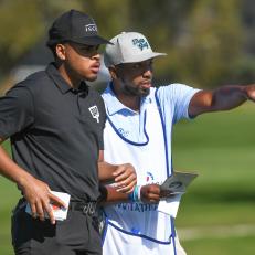 SAN DIEGO, CA - JANUARY 30: Marcus Byrd and his caddie, Ryan Alford, stand together on the fifth tee box during the final round of the APGA Tour at Farmers Insurance Open at Torrey Pines South on January 30, 2022 in San Diego, California. (Photo by Ben Jared/PGA TOUR via Getty Images)