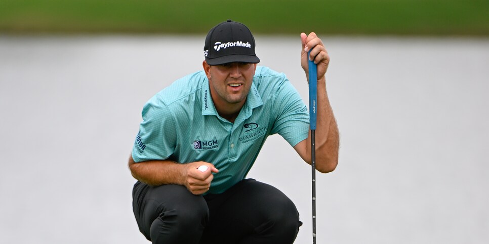 HOUSTON, TX - NOVEMBER 10: Taylor Montgomery (USA) looks over his birdie putt on 17 during Rd1 of the Cadence Bank Houston Open at Memorial Park Golf Course on November 10, 2022 in Houston, Texas. (Photo by Ken Murray/Icon Sportswire via Getty Images)