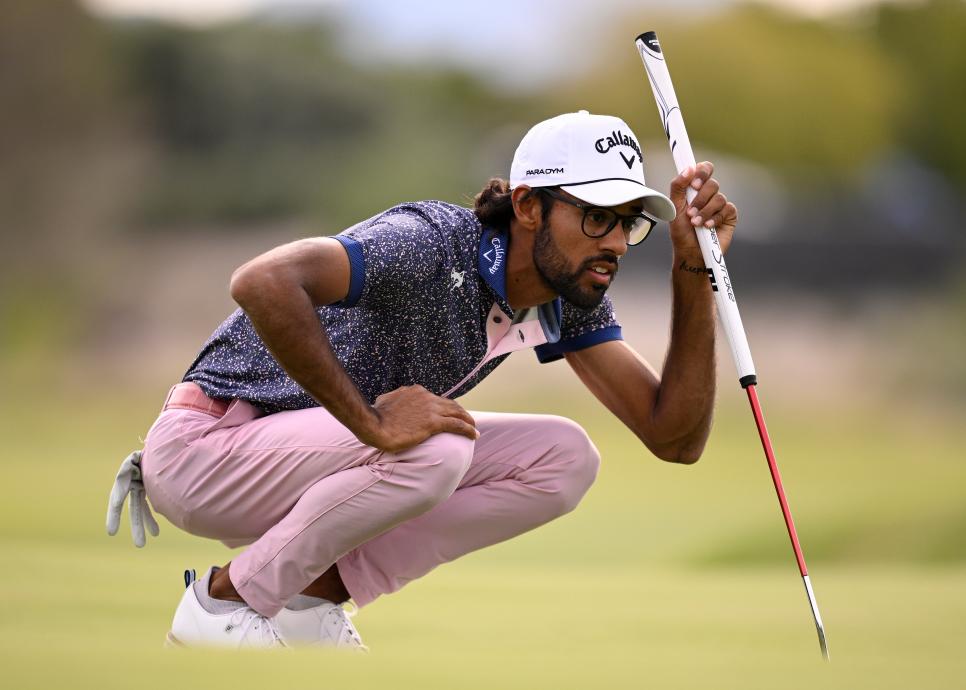 LAS VEGAS, NEVADA - OCTOBER 13: Akshay Bhatia of the United States lines up a putt on the tenth green during the second round of the Shriners Children's Open at TPC Summerlin on October 13, 2023 in Las Vegas, Nevada. (Photo by Orlando Ramirez/Getty Images)