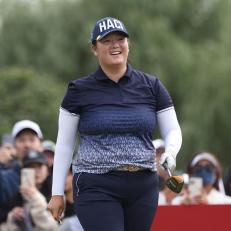 SHANGHAI, CHINA - OCTOBER 12: Angel Yin of the United States react on the first hole during the first round of the Buick LPGA Shanghai at Shanghai Qizhong Garden Golf Club on October 12, 2023 in Shanghai, China. (Photo by Zhe Ji/Getty Images)