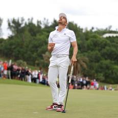 SOUTHAMPTON, BERMUDA - NOVEMBER 12: Camilo Villegas of Colombia celebrates on the 18th green during the final round after winning the Butterfield Bermuda Championship at Port Royal Golf Course on November 12, 2023 in Southampton, Bermuda. (Photo by Gregory Shamus/Getty Images)