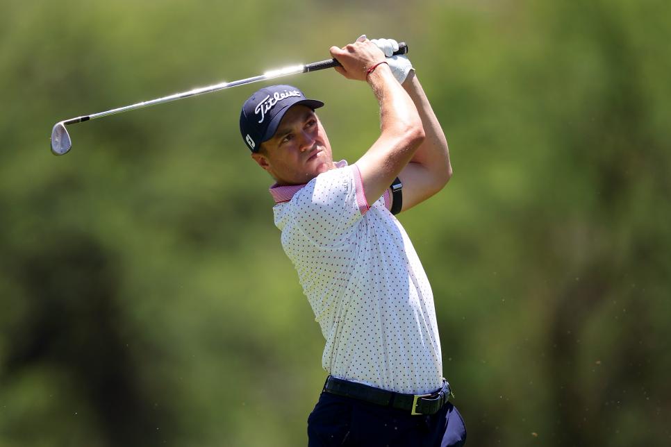 SUN CITY, SOUTH AFRICA - NOVEMBER 10: Justin Thomas of the United States plays his second shot on the 15th hole during Day Two of the Nedbank Golf Challenge at Gary Player CC on November 10, 2023 in Sun City, South Africa. (Photo by Richard Heathcote/Getty Images)