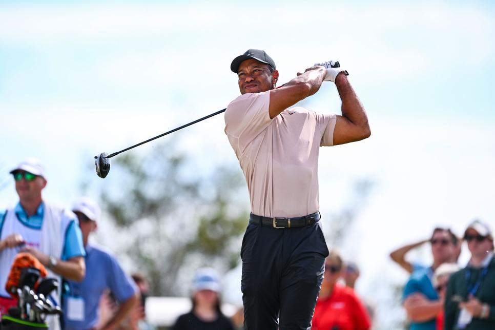 NASSAU, BAHAMAS - NOVEMBER 30:  Tiger Woods plays his shot from the third tee during the first round of the Hero World Challenge at Albany Golf Course on November 30, 2023 in Nassau, New Providence, Bahamas. (Photo by Tracy Wilcox/PGA TOUR via Getty Images)