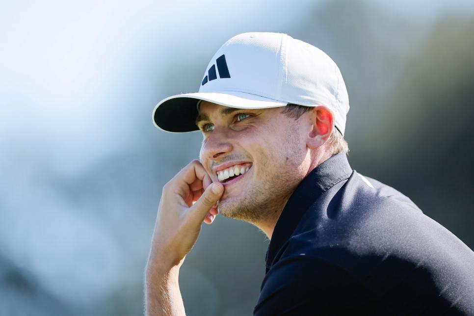 ST SIMONS ISLAND, GEORGIA - NOVEMBER 19: Ludvig Aberg of Sweden reacts on the fifth green during the final round of The RSM Classic on the Seaside Course at Sea Island Resort on November 19, 2023 in St Simons Island, Georgia. (Photo by Alex Slitz/Getty Images)