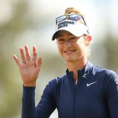 NAPLES, FLORIDA - NOVEMBER 18: Nelly Korda of the United States waves on the third tee during the third round of the CME Group Tour Championship at Tiburon Golf Club on November 18, 2023 in Naples, Florida. (Photo by Michael Reaves/Getty Images)
