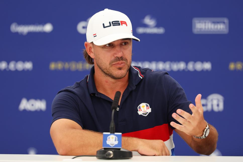 ROME, ITALY - SEPTEMBER 27: Brooks Koepka of Team United States speaks in a press conference following a practice round prior to the 2023 Ryder Cup at Marco Simone Golf Club on September 27, 2023 in Rome, Italy. (Photo by Patrick Smith/Getty Images)