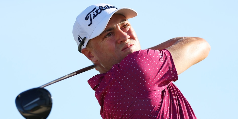 NASSAU, BAHAMAS - DECEMBER 01: Justin Thomas of the United States plays his shot from the 15th tee during the first round of the Hero World Challenge at Albany Golf Course on December 01, 2022 in Nassau, Bahamas. (Photo by Mike Ehrmann/Getty Images)