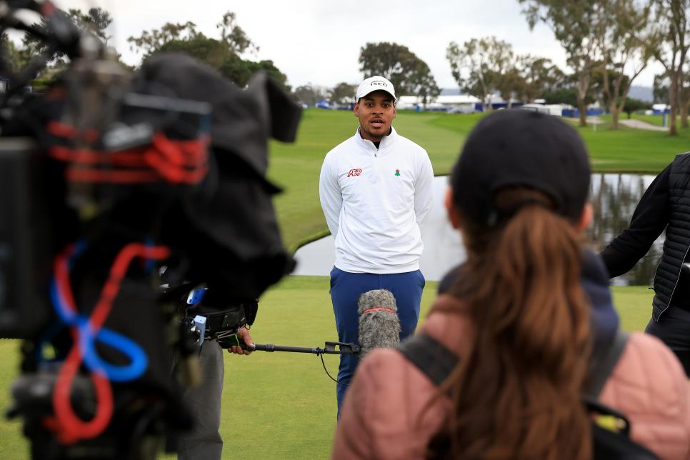 LA JOLLA, CALIFORNIA - JANUARY 29:  Marcus Byrd speaks with reporters after winning the APGA Tour Farmers Insurance Invitational at Torrey Pines Golf Course on January 29, 2023 in La Jolla, California. (Photo by Sean M. Haffey/Getty Images)
