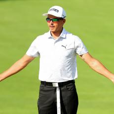 OLYMPIA FIELDS, ILLINOIS - AUGUST 19: Rickie Fowler of the United States reacts after missing a putt on the 18th green during the third round of the BMW Championship at Olympia Fields Country Club on August 19, 2023 in Olympia Fields, Illinois. (Photo by Stacy Revere/Getty Images)