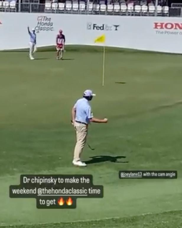 Watch a Monday qualifier chip in on the last hole to make first PGA