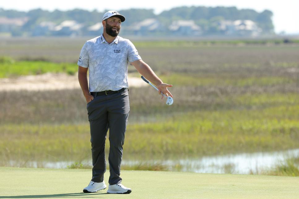 HILTON HEAD ISLAND, SOUTH CAROLINA - APRIL 15: Jon Rahm of Spain reacts on the 18th green during the third round of the RBC Heritage at Harbour Town Golf Links on April 15, 2023 in Hilton Head Island, South Carolina. (Photo by Kevin C. Cox/Getty Images)