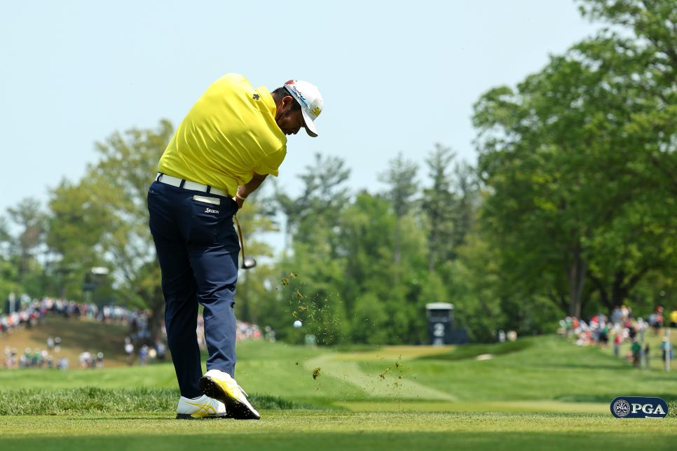 ROCHESTER, NEW YORK - MAY 21: Hideki Matsuyama of Japan plays his shot from the second tee during the final round of the 2023 PGA Championship at Oak Hill Country Club on May 21, 2023 in Rochester, New York. (Photo by Michael Reaves/Getty Images)