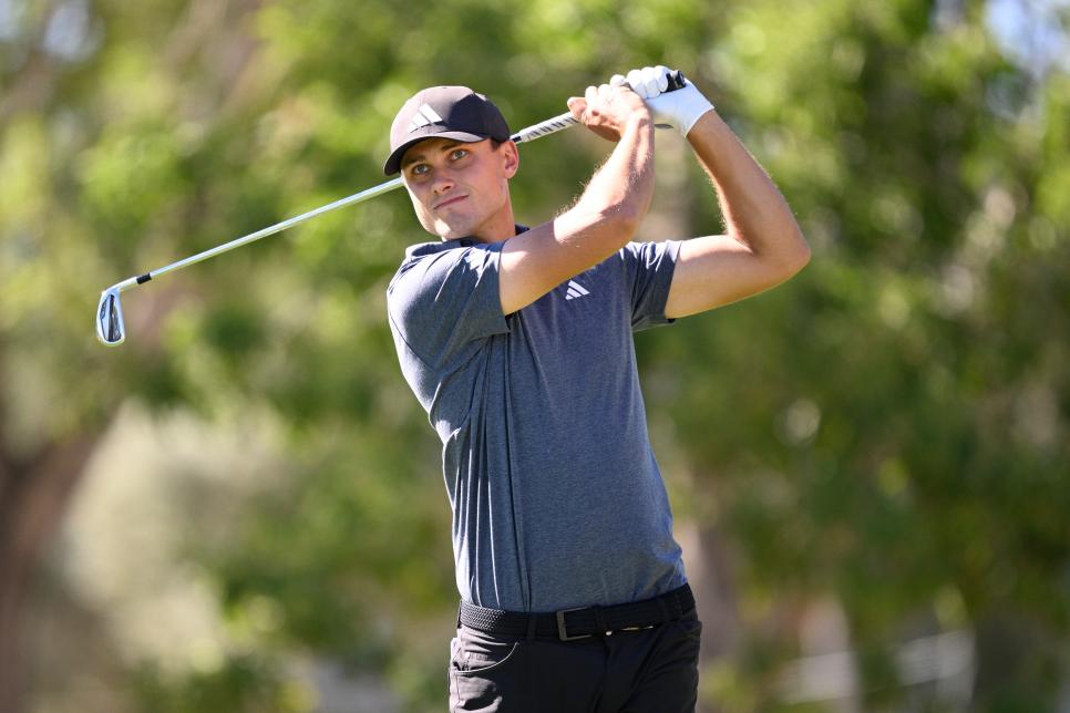 LAS VEGAS, NEVADA - OCTOBER 12: Ludvig Aberg of Sweden plays his shot from the eighth tee during the first round of the Shriners Children's Open at TPC Summerlin on October 12, 2023 in Las Vegas, Nevada. (Photo by Orlando Ramirez/Getty Images)