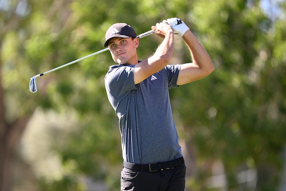 LAS VEGAS, NEVADA - OCTOBER 12: Ludvig Aberg of Sweden plays his shot from the eighth tee during the first round of the Shriners Children's Open at TPC Summerlin on October 12, 2023 in Las Vegas, Nevada. (Photo by Orlando Ramirez/Getty Images)