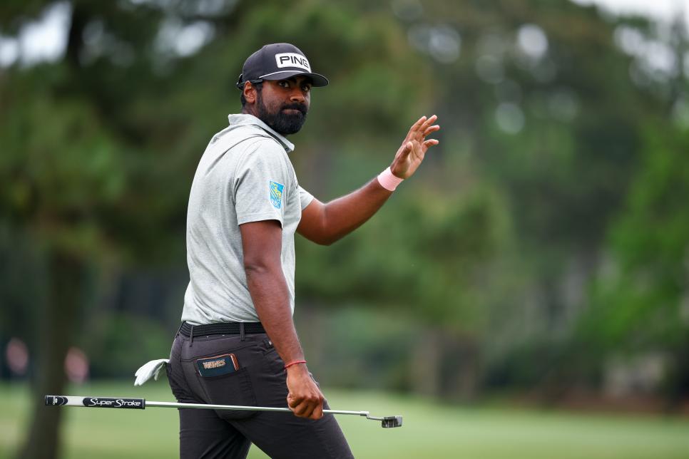 HILTON HEAD ISLAND, SOUTH CAROLINA - APRIL 21: Sahith Theegala reacts after making a birdie on the ninth hole during the final round of the RBC Heritage at Harbour Town Golf Links on April 21, 2024 in Hilton Head Island, South Carolina. (Photo by Jared C. Tilton/Getty Images)