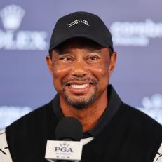 LOUISVILLE, KENTUCKY - MAY 14: Tiger Woods of the United States speaks to the media during press conference during a practice round prior to the 2024 PGA Championship at Valhalla Golf Club on May 14, 2024 in Louisville, Kentucky. (Photo by Michael Reaves/Getty Images)