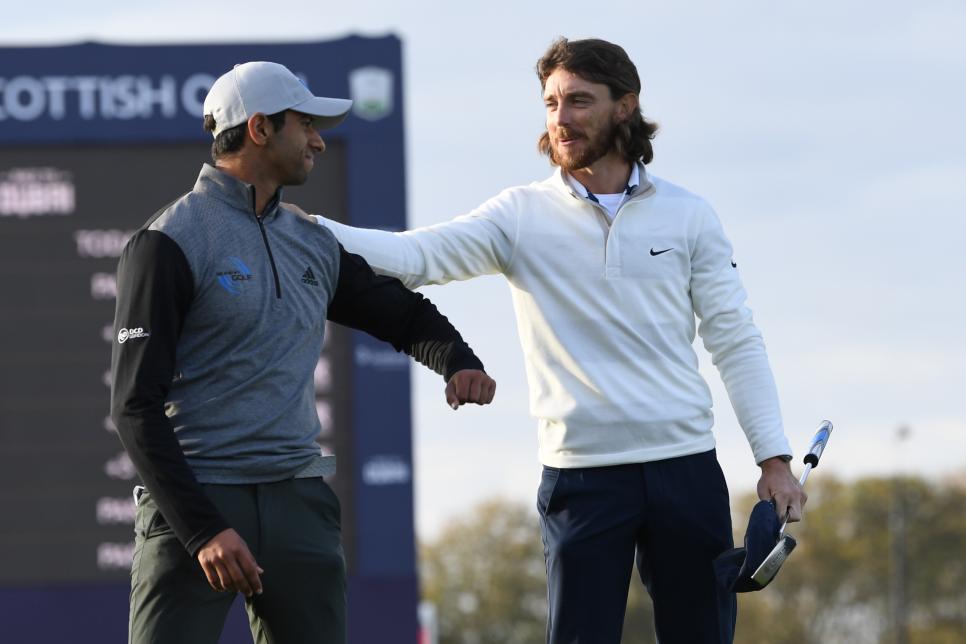 NORTH BERWICK, SCOTLAND - OCTOBER 04: England's Aaron Rai (R) and Tommy Fleetwood on the 18th during the Aberdeen Standard Investments  Scottish Open (Day Four)  at the Renaissance Club on October 04, 2020, in North Berwick, Scotland. (Photo by Ross Parker/SNS Group via Getty Images)