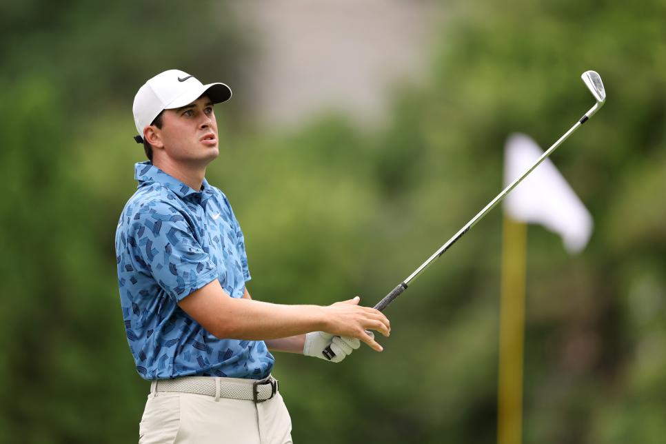 DETROIT, MICHIGAN - JUNE 30: Davis Thompson of the United States watches his shot from the ninth tee during the final round of the Rocket Mortgage Classic at Detroit Golf Club on June 30, 2024 in Detroit, Michigan. (Photo by Gregory Shamus/Getty Images)