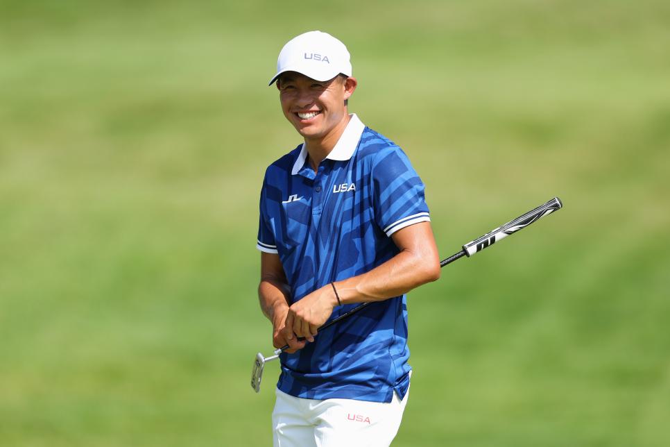 PARIS, FRANCE - JULY 30: Collin Morikawa of Team United States smiles on the third hole during a practice round ahead of the Men's Individual Stroke Play on day four of the Olympic Games Paris 2024 at Le Golf National on July 30, 2024 in Paris, France. (Photo by Andrew Redington/Getty Images)