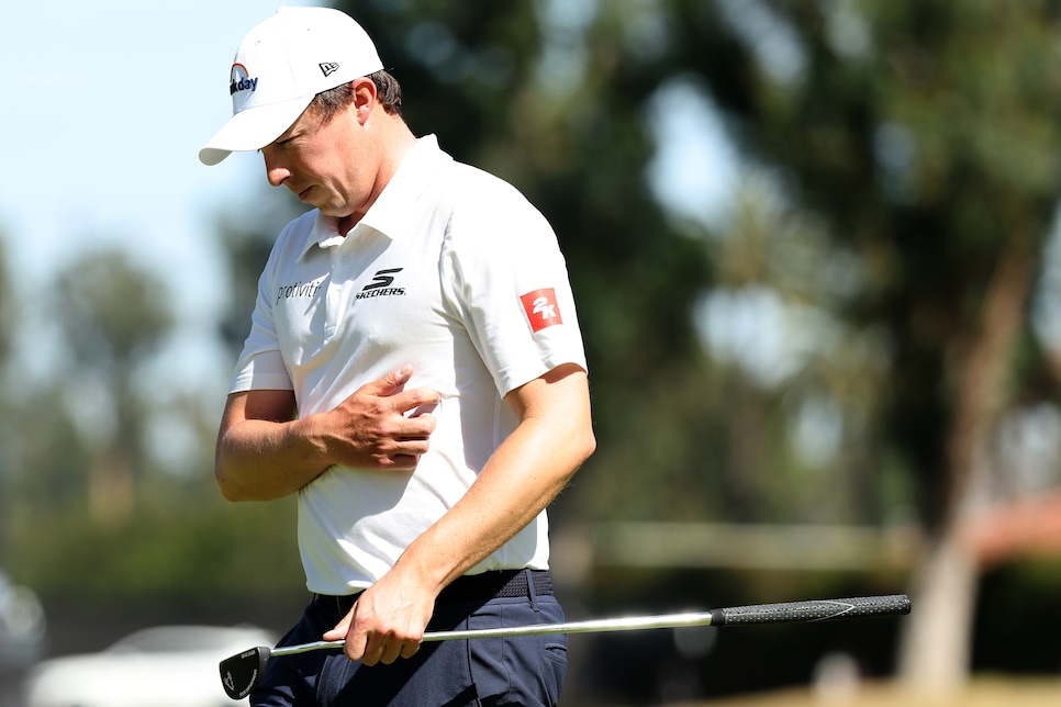 PACIFIC PALISADES, CALIFORNIA - FEBRUARY 22: Matt Fitzpatrick of England reacts on the 14th green during the final round of The Genesis Invitational 2026 at Riviera Country Club on February 22, 2026 in Pacific Palisades, California. (Photo by Mike Mulholland/Getty Images)