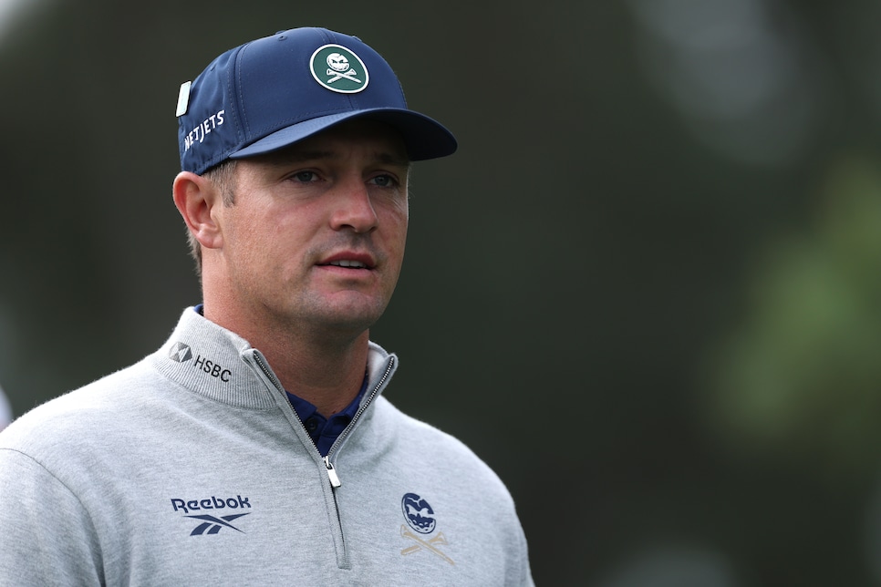 AUGUSTA, GEORGIA - APRIL 07: Bryson DeChambeau of the United States looks on while playing the third hole during a practice round prior to the 2026 Masters Tournament at Augusta National Golf Club on April 07, 2026 in Augusta, Georgia. (Photo by Maddie Meyer/Getty Images)