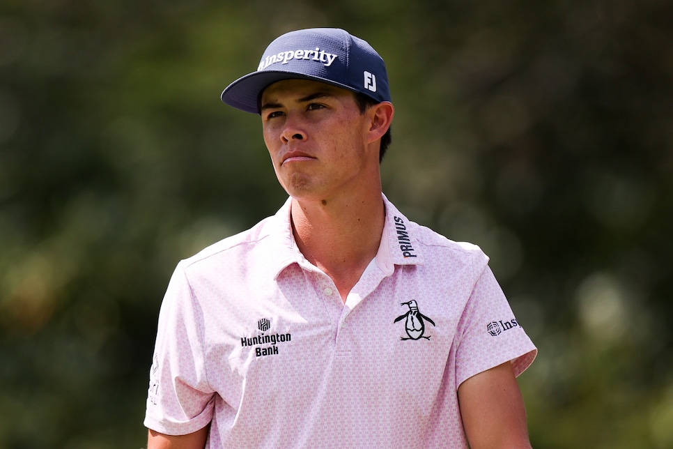 ARDEN, NORTH CAROLINA - SEPTEMBER 19: Johnny Keefer of the United States reacts to a putt on the ninth hole during the third round of the Biltmore Championship Asheville 2026 at The Cliffs at Walnut Cove on September 19, 2026 in Arden, North Carolina. (Photo by David Jensen/Getty Images)