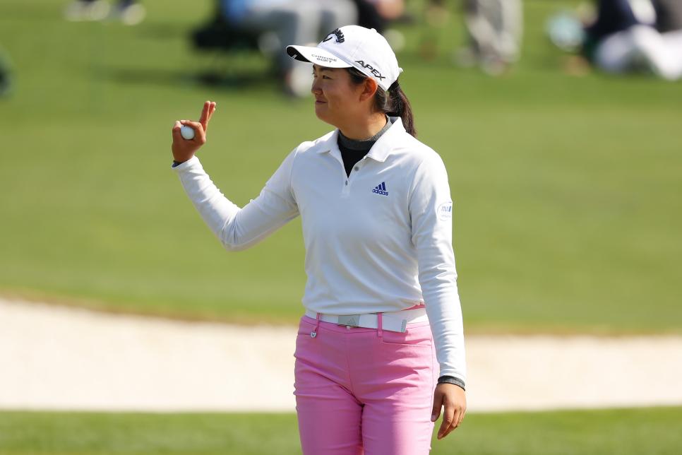 AUGUSTA, GEORGIA - APRIL 03: Rose Zhang of the United States reacts after finishing on the 18th green during the final round of the Augusta National Women's Amateur at Augusta National Golf Club on April 03, 2021 in Augusta, Georgia. (Photo by Kevin C. Cox/Getty Images)