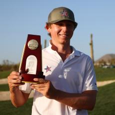 SCOTTSDALE, AZ - MAY 30: Gordon Sargent of the Vanderbilt Commodores celebrates winning the individual medalist of the Division I Mens Golf Championship held at the Grayhawk Golf Club on May 30, 2022 in Scottsdale, Arizona.  (Photo by Justin Tafoya/NCAA Photos via Getty Images)