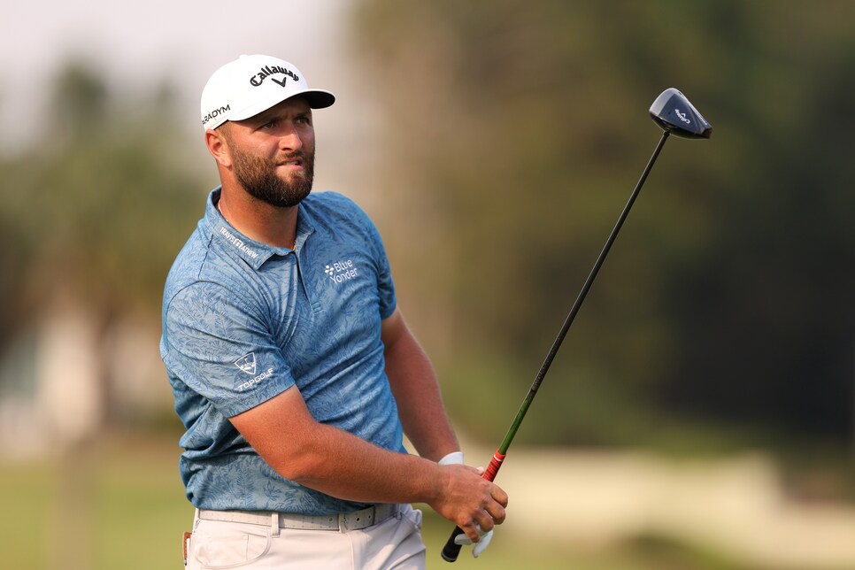 ORLANDO, FLORIDA - MARCH 02: Jon Rahm of Spain watches his shot from the 16th tee during the first round of the Arnold Palmer Invitational presented by Mastercard at Arnold Palmer Bay Hill Golf Course on March 02, 2023 in Orlando, Florida. (Photo by Richard Heathcote/Getty Images)