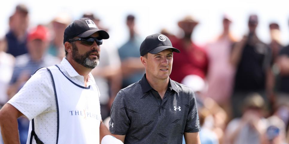 PONTE VEDRA BEACH, FLORIDA - MARCH 12: Jordan Spieth of the United States waits with his caddie Michael Greller before hitting his shot from the third tee during the final round of THE PLAYERS Championship on THE PLAYERS Stadium Course at TPC Sawgrass on March 12, 2023 in Ponte Vedra Beach, Florida. (Photo by Richard Heathcote/Getty Images)