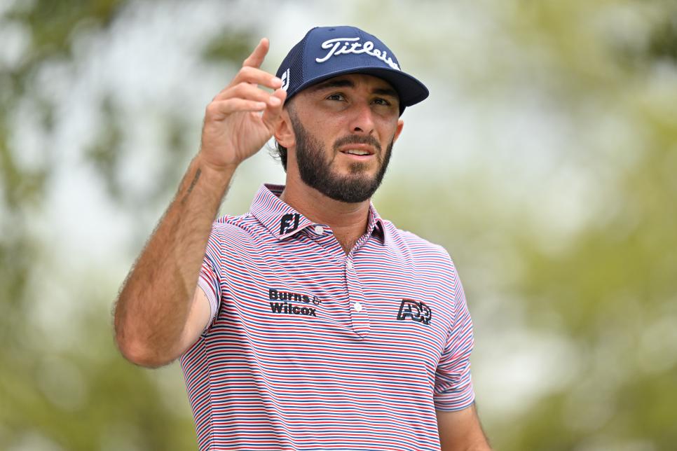 AUSTIN, TEXAS - MARCH 22: Max Homa waves on the first tee box during the first day of the World Golf Championships-Dell Technologies Match Play at Austin Country Club on March 22, 2023 in Austin, Texas. (Photo by Ben Jared/PGA TOUR via Getty Images)