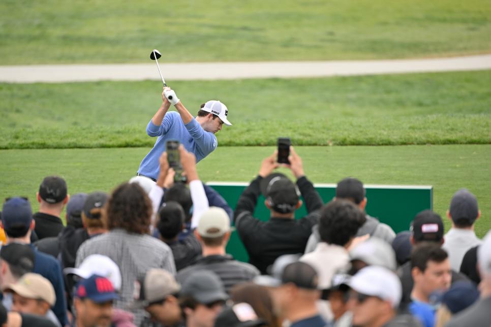 PACIFIC PALISADES, CALIFORNIA - FEBRUARY 18: Patrick Cantlay swings over his ball on the 10th tee box during the third round of The Genesis Invitational at Riviera Country Club on February 18, 2023 in Pacific Palisades, California. (Photo by Ben Jared/PGA TOUR via Getty Images)