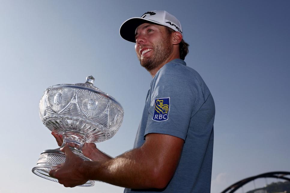 AUSTIN, TEXAS - MARCH 26: Sam Burns of the United States poses with the trophy after winning the World Golf Championships-Dell Technologies Match Play at Austin Country Club on March 26, 2023 in Austin, Texas. (Photo by Tom Pennington/Getty Images)