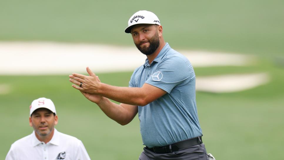AUGUSTA, GEORGIA - APRIL 04: Jon Rahm of Spain applauds a shot by Sergio Garcia of Spain on the tenth green during a practice round prior to the 2023 Masters Tournament at Augusta National Golf Club on April 04, 2023 in Augusta, Georgia. (Photo by Andrew Redington/Getty Images)
