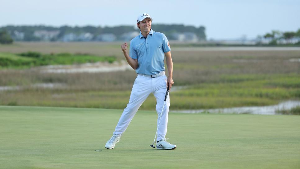 HILTON HEAD ISLAND, SOUTH CAROLINA - APRIL 16: Matt Fitzpatrick of England celebrates winning on the third playoff hole against Jordan Spieth (not pictured) of the United States during the final round of the RBC Heritage at Harbour Town Golf Links on April 16, 2023 in Hilton Head Island, South Carolina. (Photo by Kevin C. Cox/Getty Images)