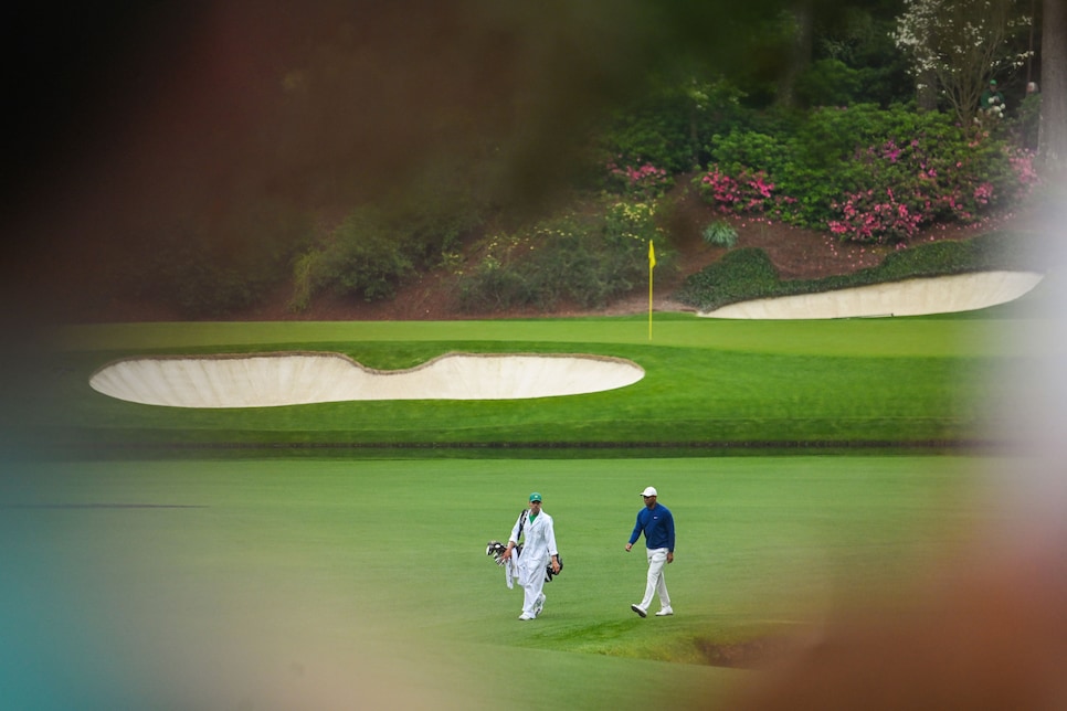 /content/dam/images/golfdigest/fullset/2023/4/tiger-joey-walking-13th-fairway-wide-JD_MONDAY_2023_MASTERS_233.jpg